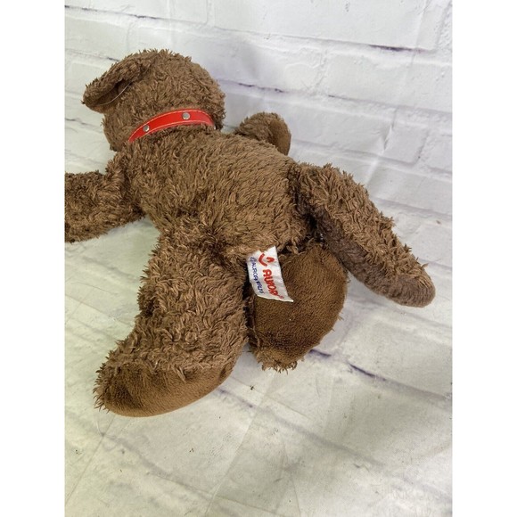 Aurora Dog Puppy Laying Brown Furry Stuffed Animal Plush Toy Red Collar - Picture 6 of 7